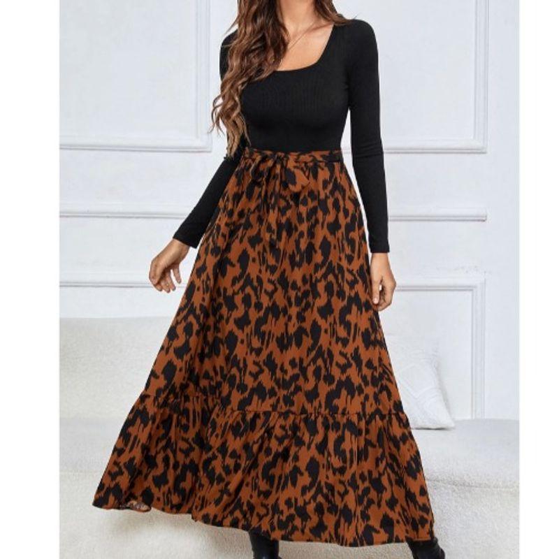 

European and American-Style Leopard Print Dress for Spring and Autumn Black Panel Coffee XL