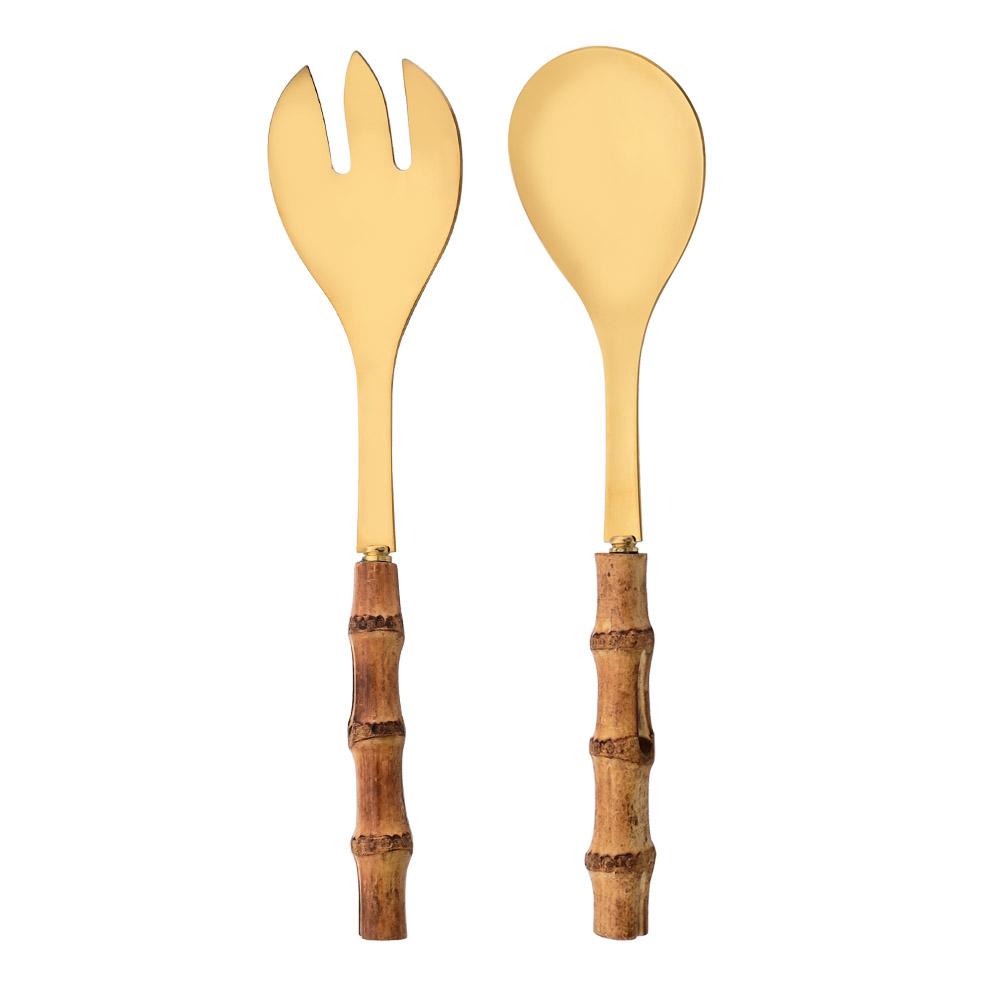 2Pcs Silver Dinnerware Cutlery 304 Stainless Steel Wood Bamboo Handle Food Serving Salad Spork Server Fork Spoon Tableware Set