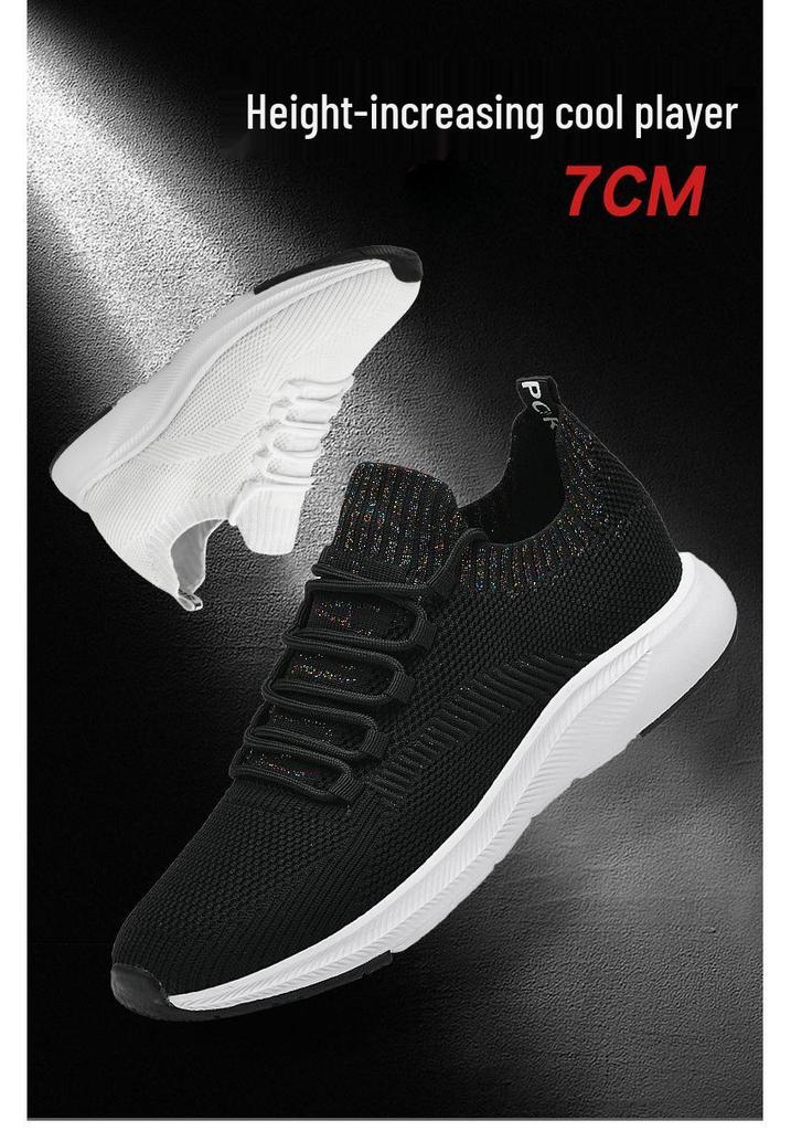 Men's 7cm Height-Increasing White Knit Sneakers: Breathable, Invisible Lift, Casual Running Shoes