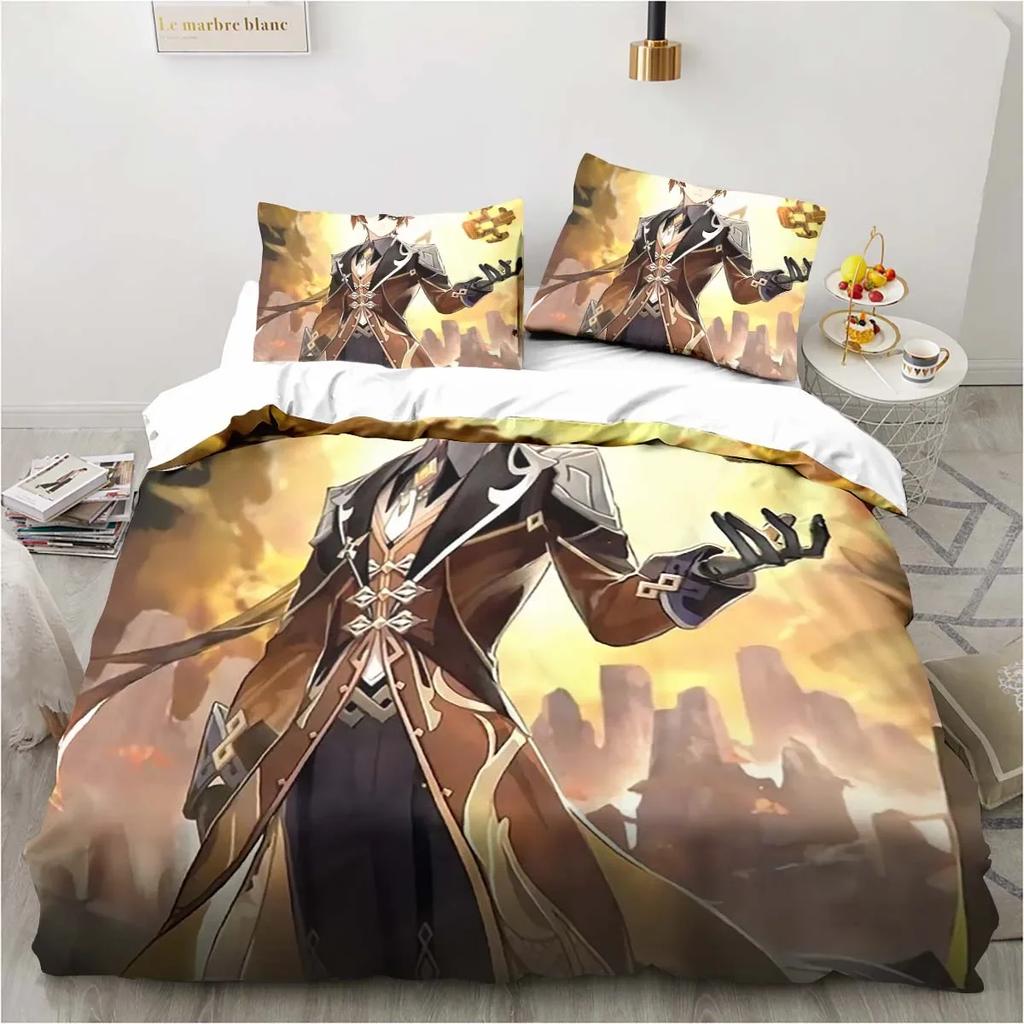 Kreslený Anime Genshin Impact Herný posteľný set do spálne Prikrývky na posteľnú bielizeň Pohodlná obliečka na paplón Prikrývka a obliečka na vankúš