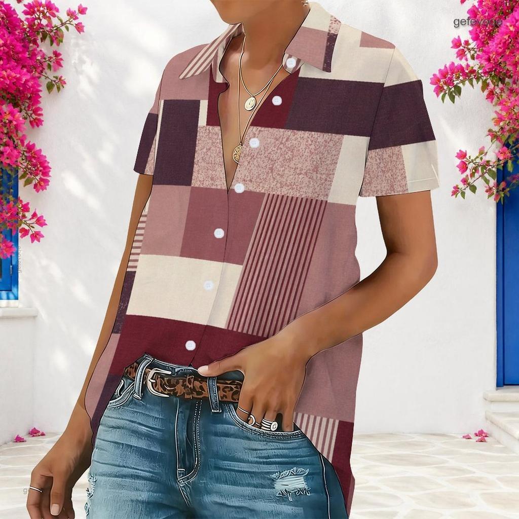 Women Plus Size Collared Neck Short Sleeve Color Block Printed Button Front Shirt