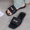 Internet Celebrity Explosion 2025 Summer New Women's Shoes Flat Bottom Bright Diamond Square Buckle Open Toe Cool Slippers Women Wear Home
