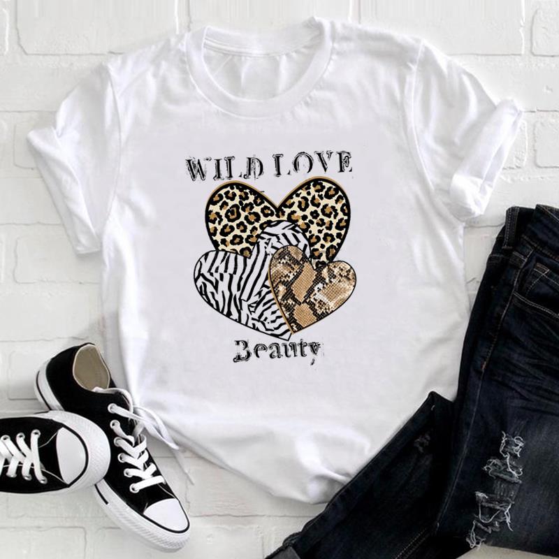 (European Size) Cute Sweet Tee Top Fashion T Leopard Love Heart Trend Shirt Women Print Lady Female  Clothing Casual Short Sleeve Graphic T-shirt