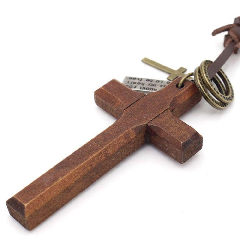 Drewniany wiszący ornament do samochodu, naszyjnik z krzyżem, religijny wisiorek z krucyfiksem na łańcuszku dla kobiet