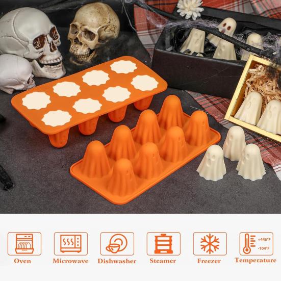 Spøkelse Silikonform Non-Stick 3D Sjokoladeformer 8-Hulrom Halloween Bakeform for Gelé Godteri Pudding Iskrem Gummibjørn Kritt Resin