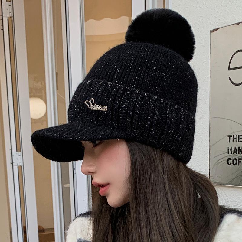 Rabbit Fur Hat Women's Winter Warm Knitted Baseball Cap with Fleece Anti Cold Yarn Hat Versatile Showing Off Small Face
