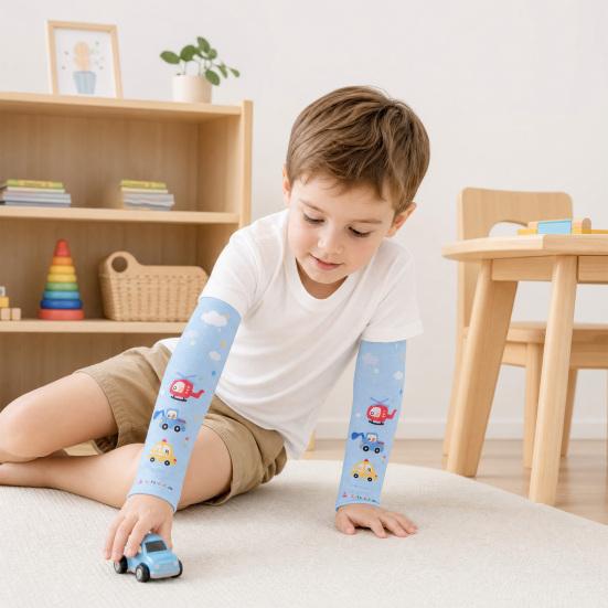Kids Sun Protection Sleeves, Cute Animal Car Print Arm Sleeves with Thumb Holes, Breathable UV Protection Cooling Sleeves for Boys Girls
