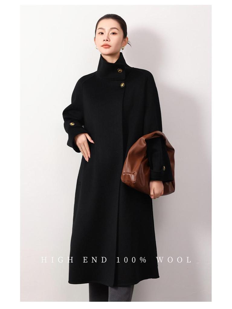 Double-Sided Cashmere Wool Coat, Women's 2024, 100% Wool, Stand Collar, Hepburn Style, Long and Loose Fit.