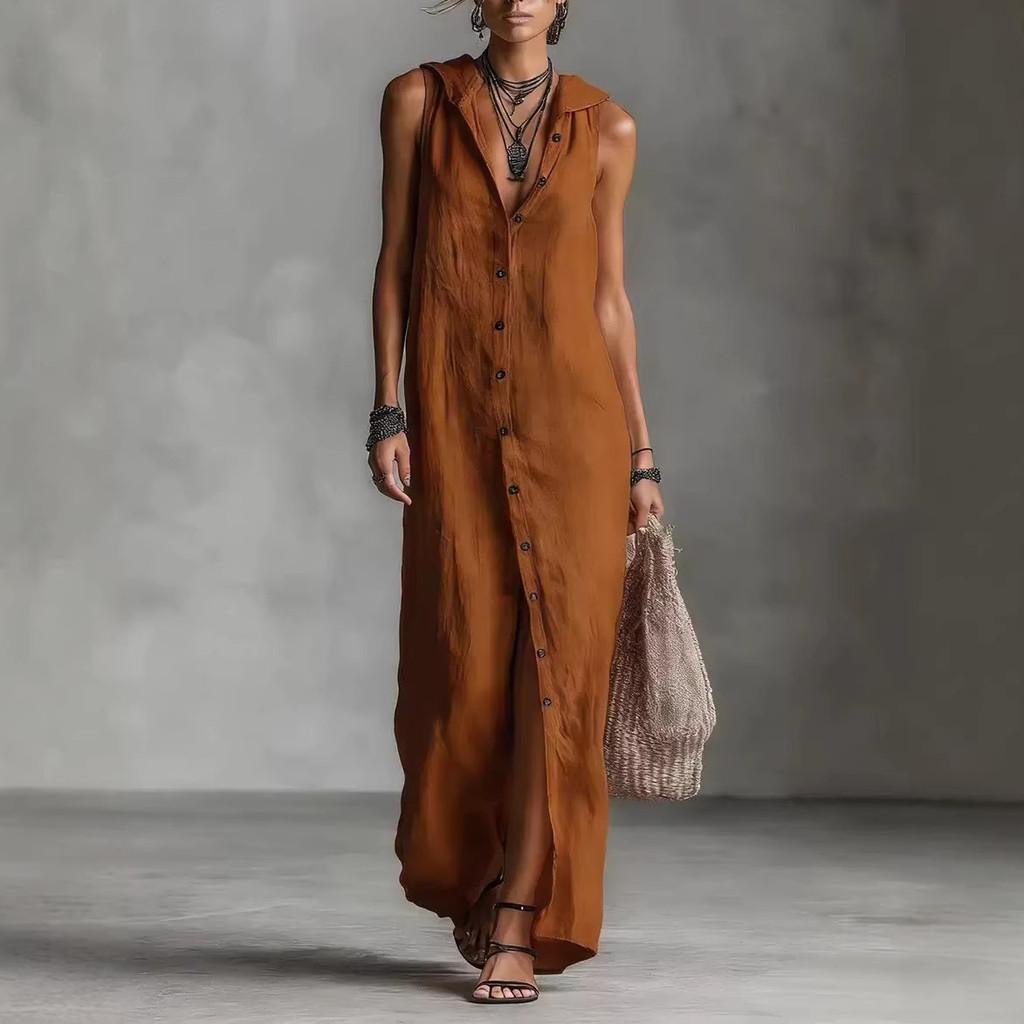 Long Sleeveless Spliced Dress With Polo Collar For Casual Travel And Streetwear