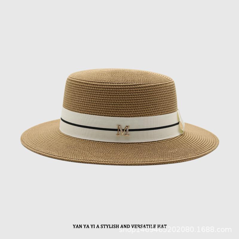 

Women Summer Straw Boater Hat Flat Top UV Protection Sun Shade Outdoor Beach Adjustable Inner Band M 56-58cm хаки