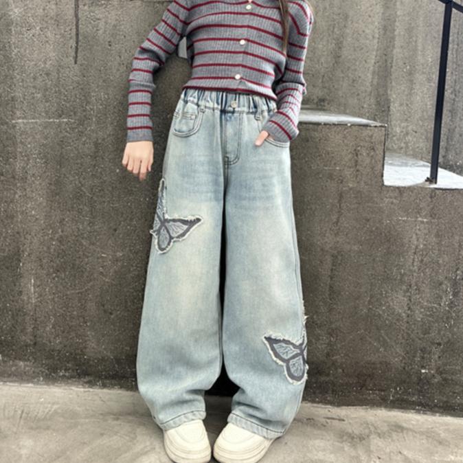Girls' Jeans Butterfly Patch Denim Wide Leg Pants Children's Straight Leg Pants