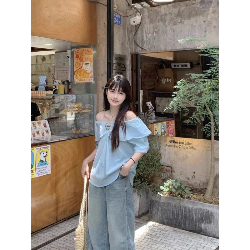 French Style Temperament Stylish Ruffles off-Shoulder Shirt Women's Clothing Summer Gentle Younger Blue off-the-Shoulder Tops