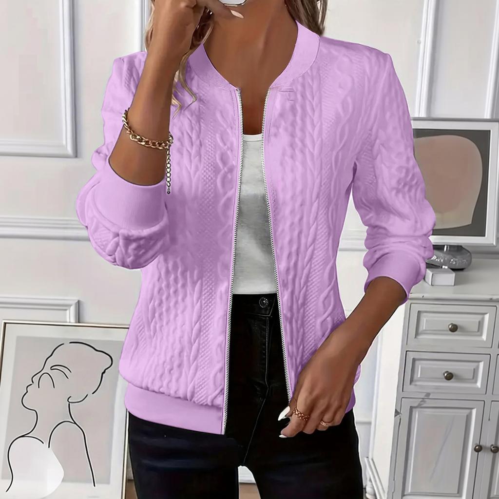 Women's Knit Zip Up Jacket Casual Solid Color Baseball Style Long Sleeve Lightweight Outerwear with Ribbed Collar and Cuffs