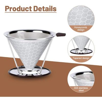 Stainless Steel Cone Coffee Filter Reusable Paperless Dripper with Non-Slip Cup Holder Single Cup Coffee Brewing  Tool