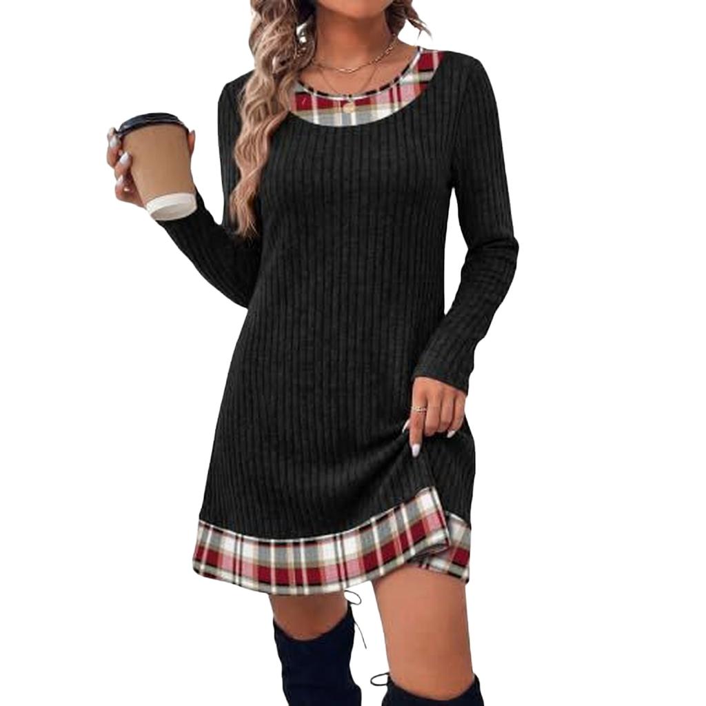 Damen Lässiges Rundhals Langarm Kariertes Patchwork Kleid