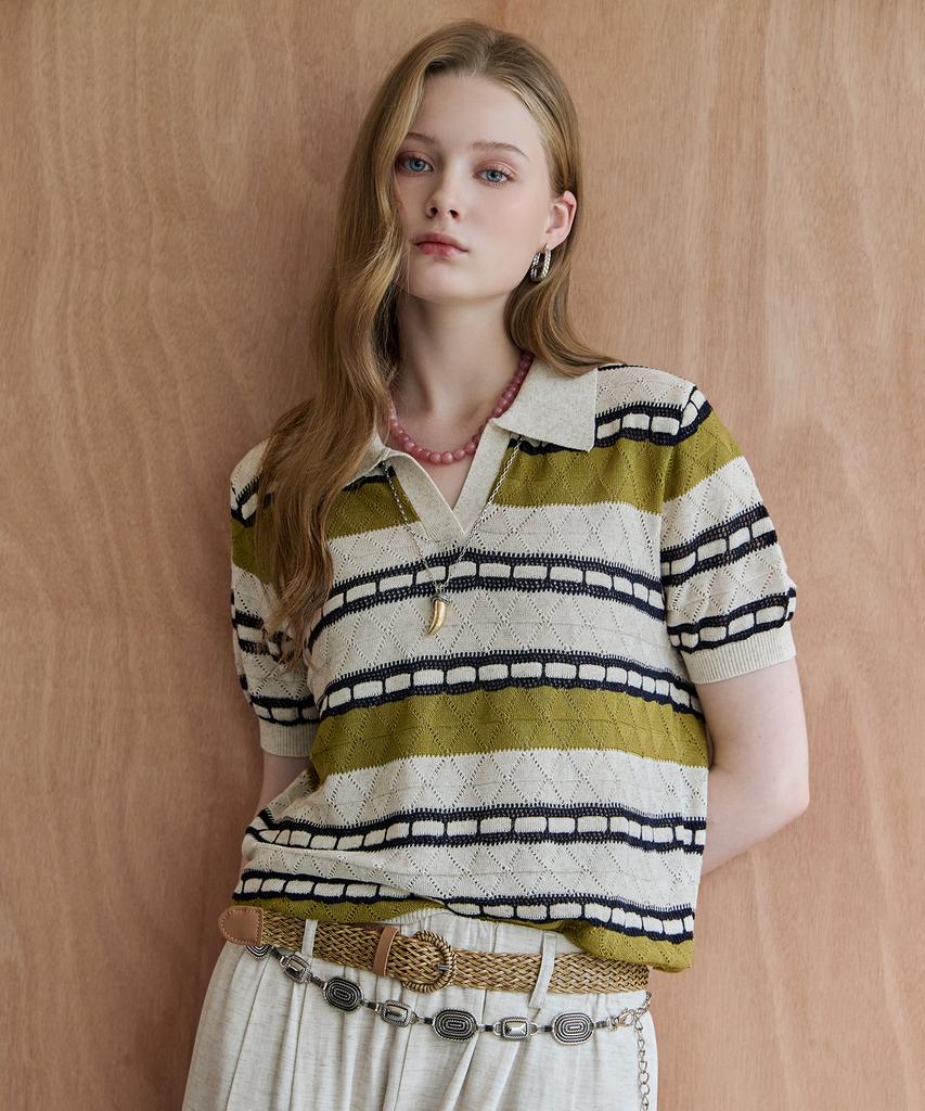 MAXZA Color Block Open Collar Summer Knit