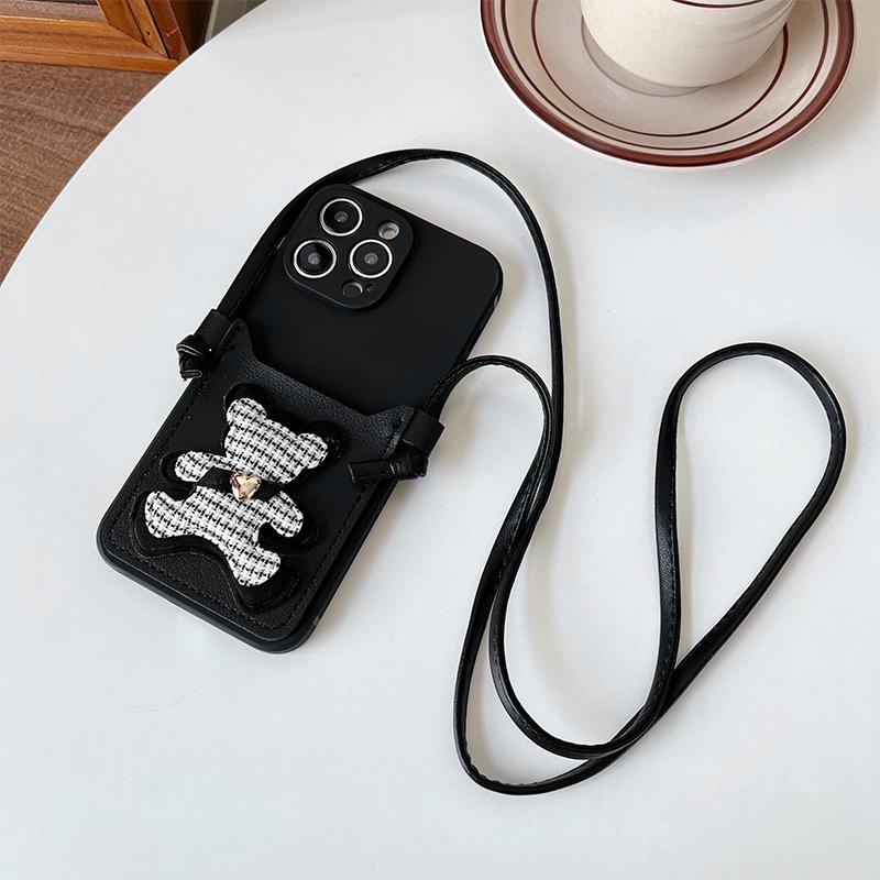 Plaid Bear Card Holder Wallet Phone Case for IPhone16 Crossbody Cord 14 for Apple 13 Anti-fall 12 Women's Soft