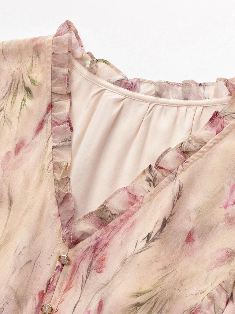 Ethereal Floral Print Dress in 100% Mulberry Silk with Ruffles - Spring Tea Break Collection
