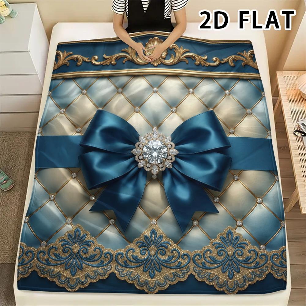 1Pc 2D FLAT Baroque Gold Blue Print Flannel Blanket,High quality Comfortable for All Seasons,Home Decor,Warmth and Comfort,Perfect for Christmas Gifts
