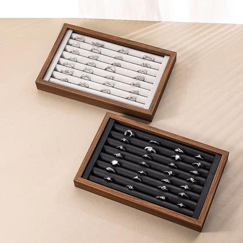 Shopping Mall Counter Jewelry Tray Display Walnut Box Flannel Jewelry Storage Large Capacity Ring Necklace Display Tray