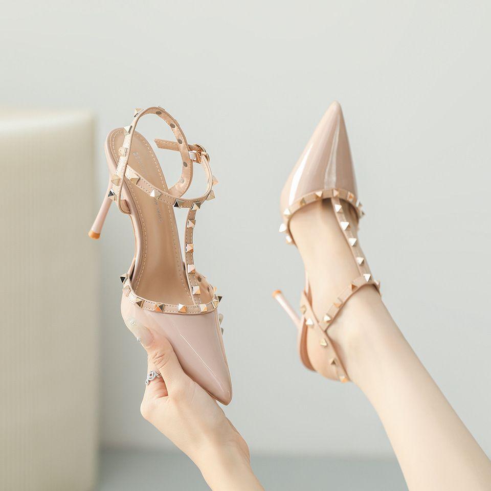 French Nude Pointed Rivets High Heels Women's 2025 New Beautiful Sexy Willow Single Shoes with Sandals