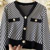 Korea Small Incense Wind Slant Stripes Short Section V-Neck Cardigan + A Word Package Hip Short Skirt Autumn Two-Piece Set