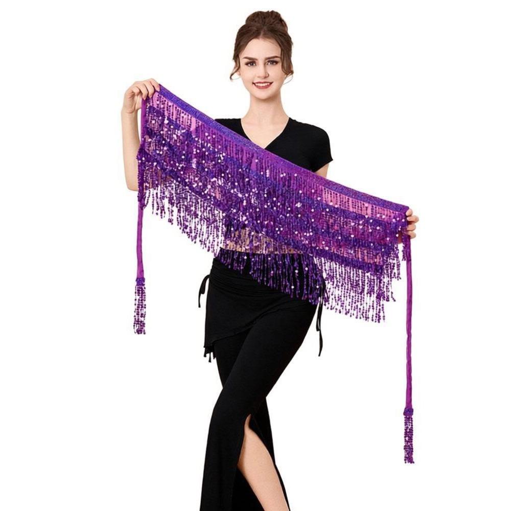 

New Sequins Decoration Belly Dance Skirt Chain Tassel Shiny Belly Dance Costume Hip Scarf Women фиолетовый