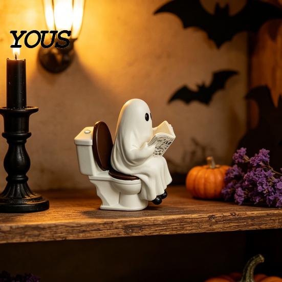 Gruselige Kamindekoration Niedliche Halloween-Geisterfigur, Lesender auf der Toilette Harzstatue, Lustiges Badezimmerornament für mehrstöckige Ablage Tischplatte Schreibtisch