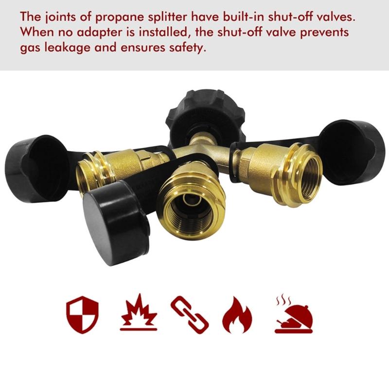 3 Way Propane Tank Y Splitters Adapter Brass Construction With Pressure Gauge Safety Shut Off Valves For Multiple Appliance Connection