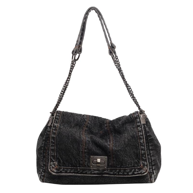 

Retro Casual Denim Bag Women s 2026 New High-end Chain Shoulder Bag Large-capacity Commuter Tote Bag чорний
