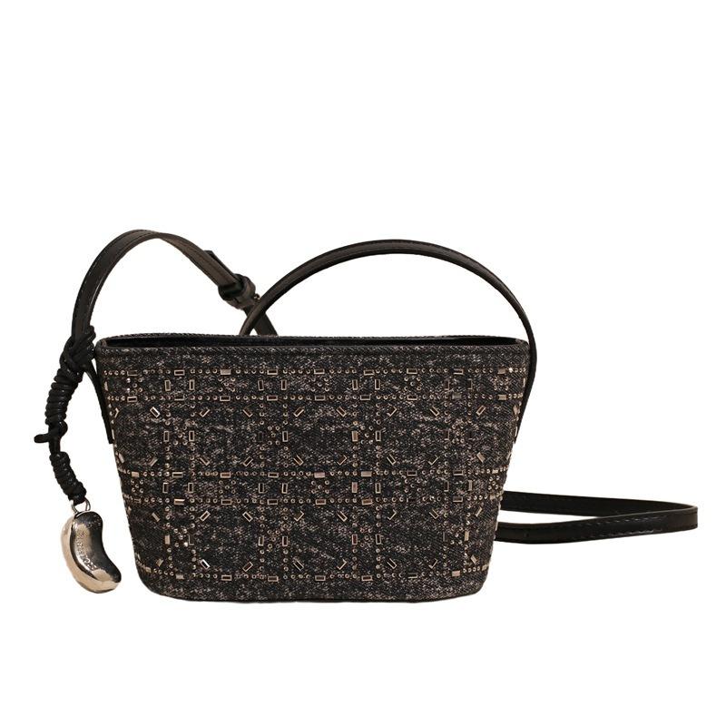 

Denim canvas small bag, hot diamond small square bag, fashionable mini mobile phone bag, versatile summer new mini change bag average size чорний