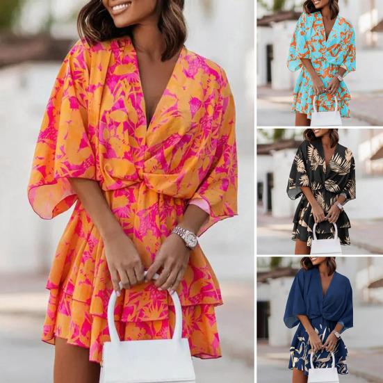 V-Neck Batwing Sleeve Layer Ruffle Hem Holiday Dress Summer Casual Waist Drawstring Coconut Leaves Print Mini Dress Female Clothes