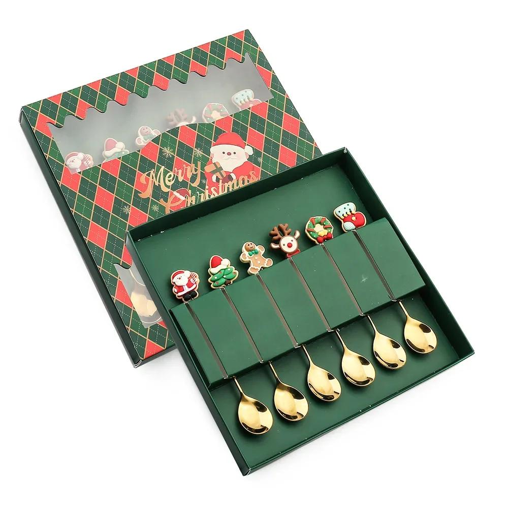 2025 Christmas Spoon and Fork Set Stainless Steel Creative Tableware Coffee Tea Dessert Spoon Spoons with Gift Box 6Pcs New