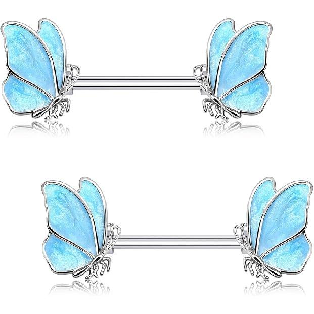 

Jewsee Butterfly Nipple Ring Жіноче золоте кільце для сосків, 14 грамів, ювелірні вироби для пірсингу для сосків, пірсинг із медичної сталі, штанга для сосків сталлю синього кольору