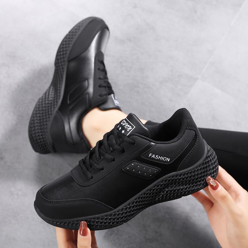 Running Shoes for Women Black Sneakers PU Leather Comfortable Height Increasing Chunky Shoes Breathable Leisure Shoes Big Size