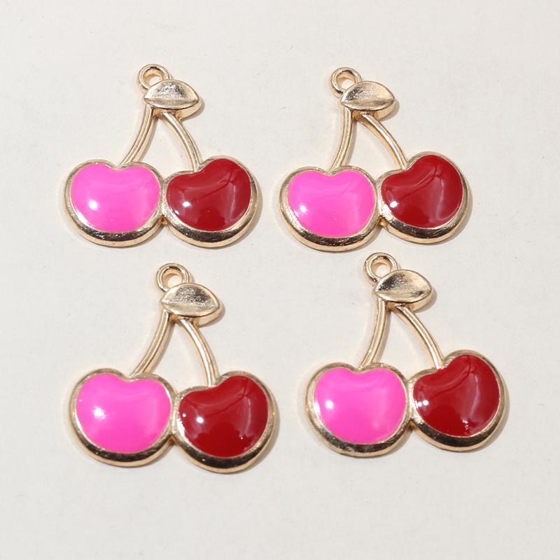 20pcs 22x20mm Enamel Cherries Charms Pendant Fruit Cherry Alloy Craft DIY Jewelry Making Accessories for Earrings Necklace
