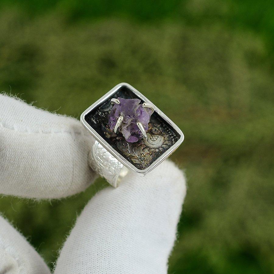 

Natural Amethyst Rough Gemstone 925 Silver Stackable Adjustable Ring For Women Adjustable