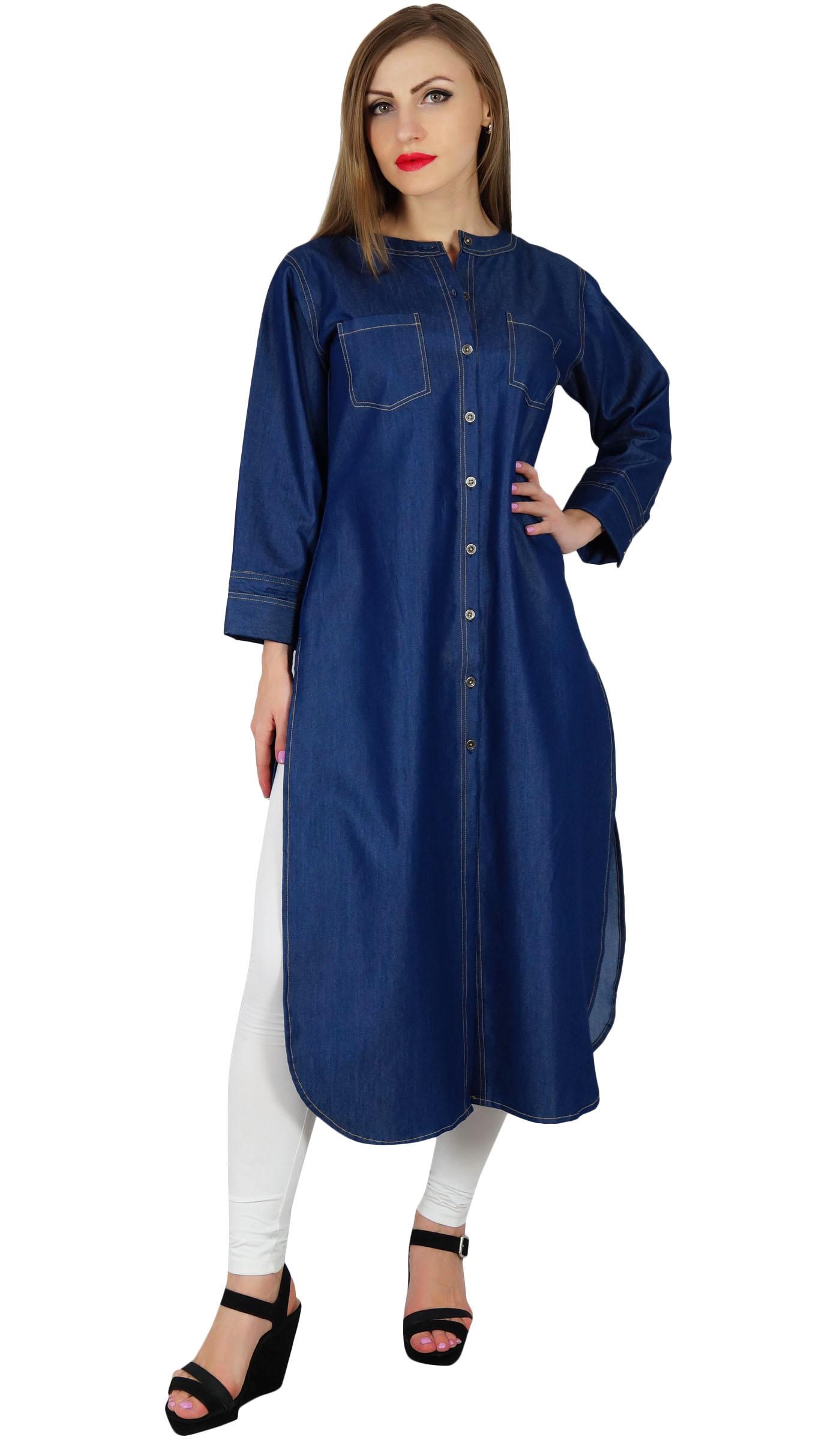 

Bimba Жіноча джинсова куртка-туніка на ґудзиках, синя, з довгими рукавами, повсякденна 8 синій