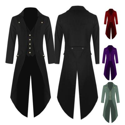 Men Gothic Tailcoat Lapel Long Sleeve Single Breasted Retro Style Medieval Tailcoat Faux Two-Piece Mid-Length Waistcoat Tuxedo Coat