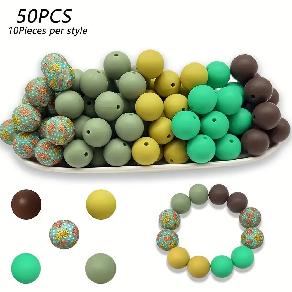 

50PCS 15mm silicone solid colored floral pattern circular scattered beads, suitable for DIY jewelry making, bracelets, necklaces