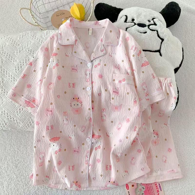 Women's Summer Cloud Cotton Pajama Set: Sweet Cute Cardigan with Short-Sleeved Top and Shorts.