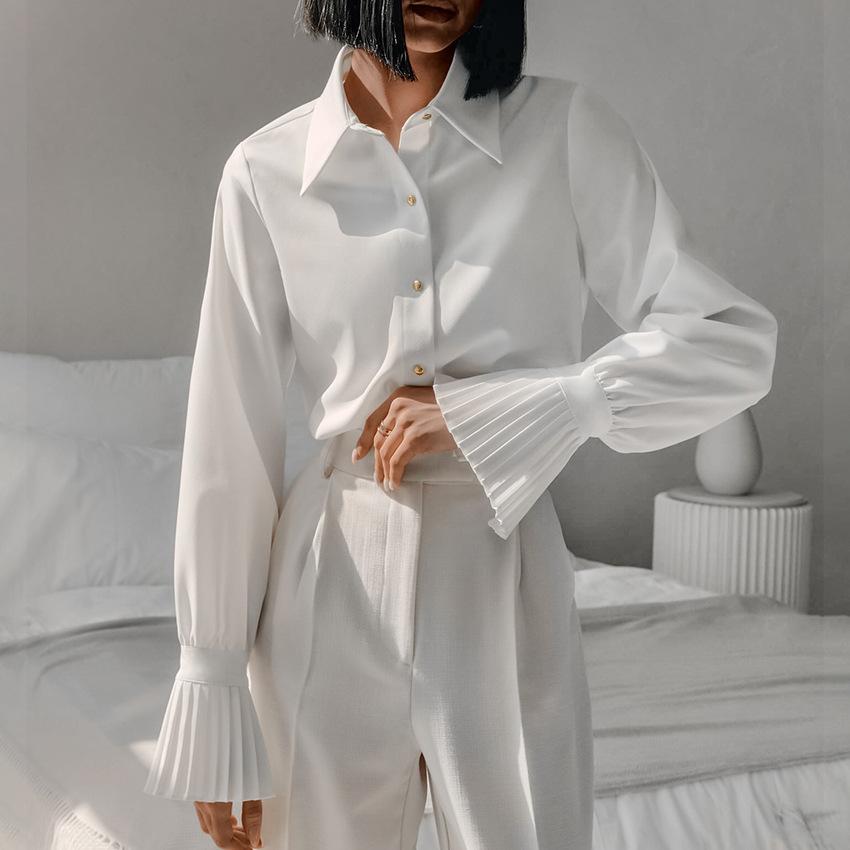 Autumn fashion design sense flared sleeves white slim-fit commuter lapel shirt European and American versatile simple shirt women's clothing