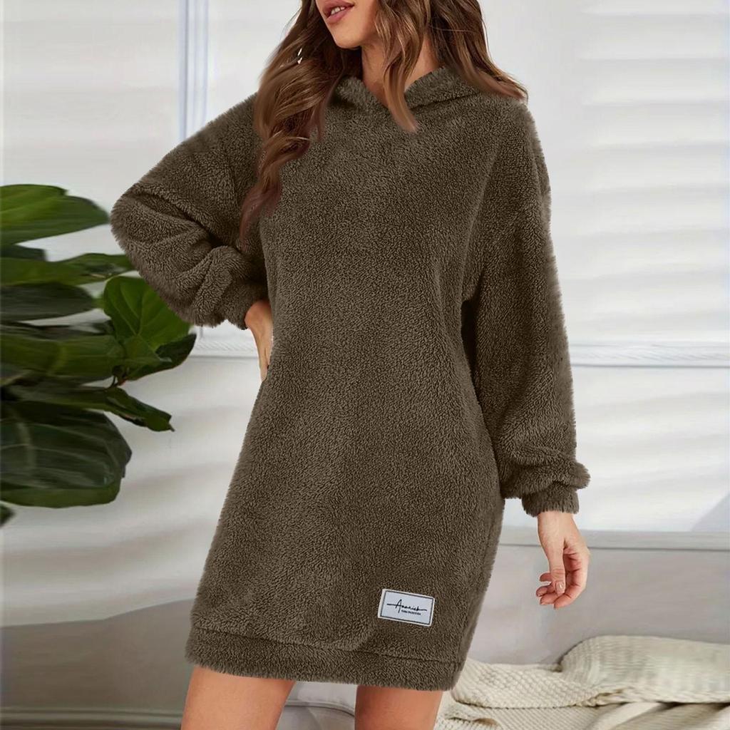 Abito da donna alla moda con cappuccio a maniche lunghe in peluche tinta unita felpa casual