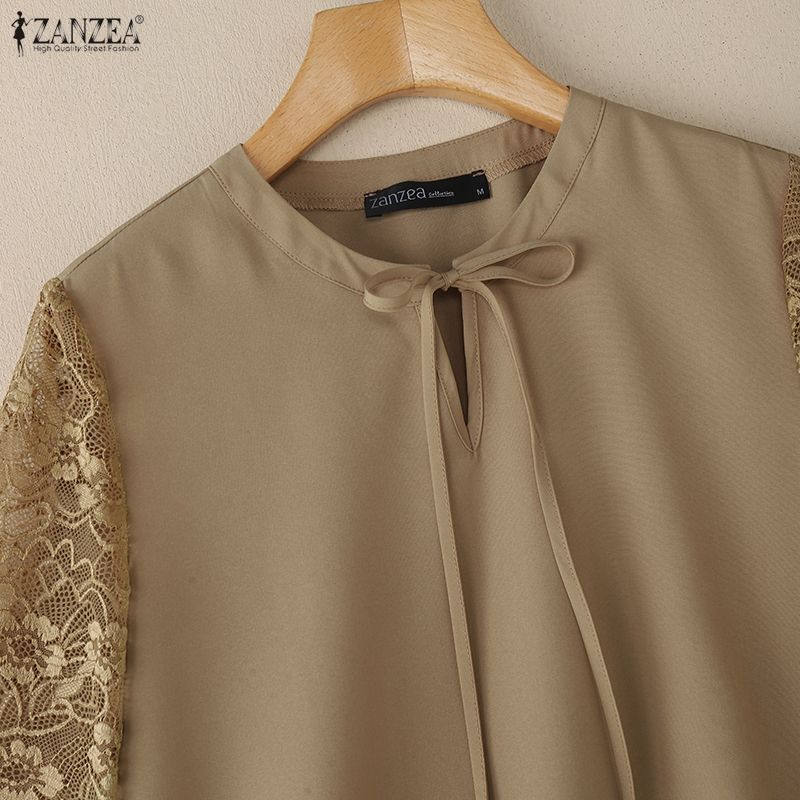 ZANZEA Women Casual Round Neck Lace Splice Short Sleeve Blouse