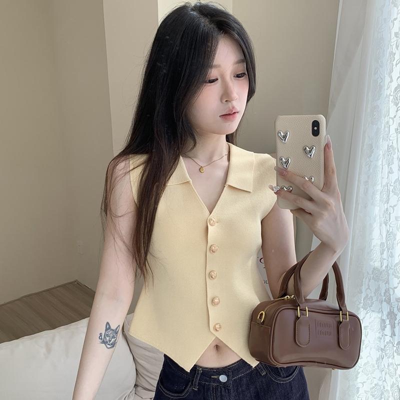 French Temperament V-Neck Single Breasted Sleeveless Slim Knitted Vest For Women