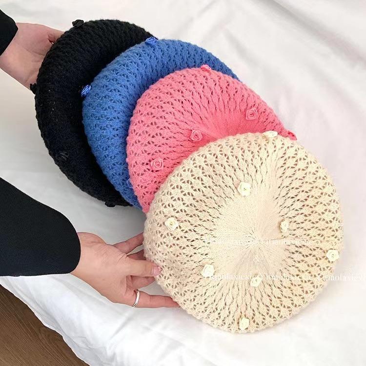 Rose hollow knitted beret women's thin face small painter hat versatile big head circumference hat tide
