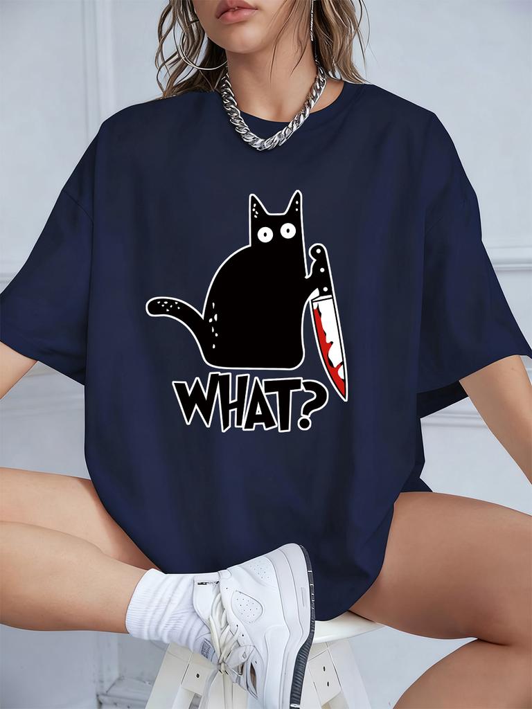 Schwarze Katze mit Messer Aufdrucken Kurzarm T-Shirts Damen Sommer Baumwolle T-Shirts Locker O-Ausschnitt Weiche Oberteile Streetwear