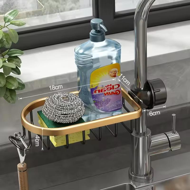 Kitchen Faucet Storage Rack, Sponge Soap Drainage Storage Rack, Hanging Sink Storage Rack with Towel Bar