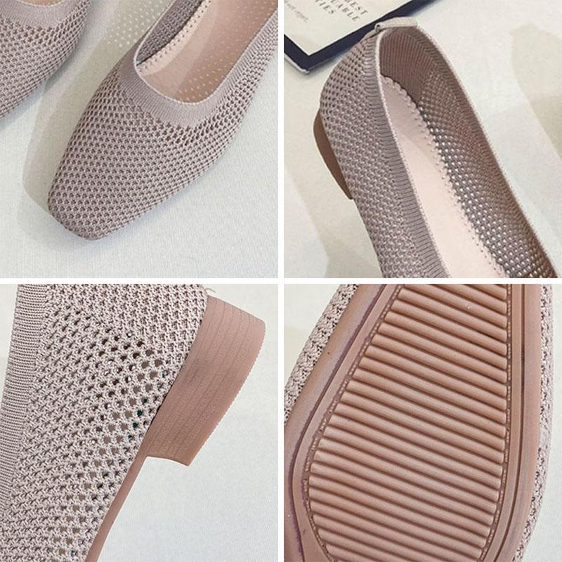 WTEMPO Soft Sole Single Shoes Women's Spring and Summer Square Toe Mesh Low Square Heel Solid Color Knitted Hollow Breathable Non-slip Woven Shoes