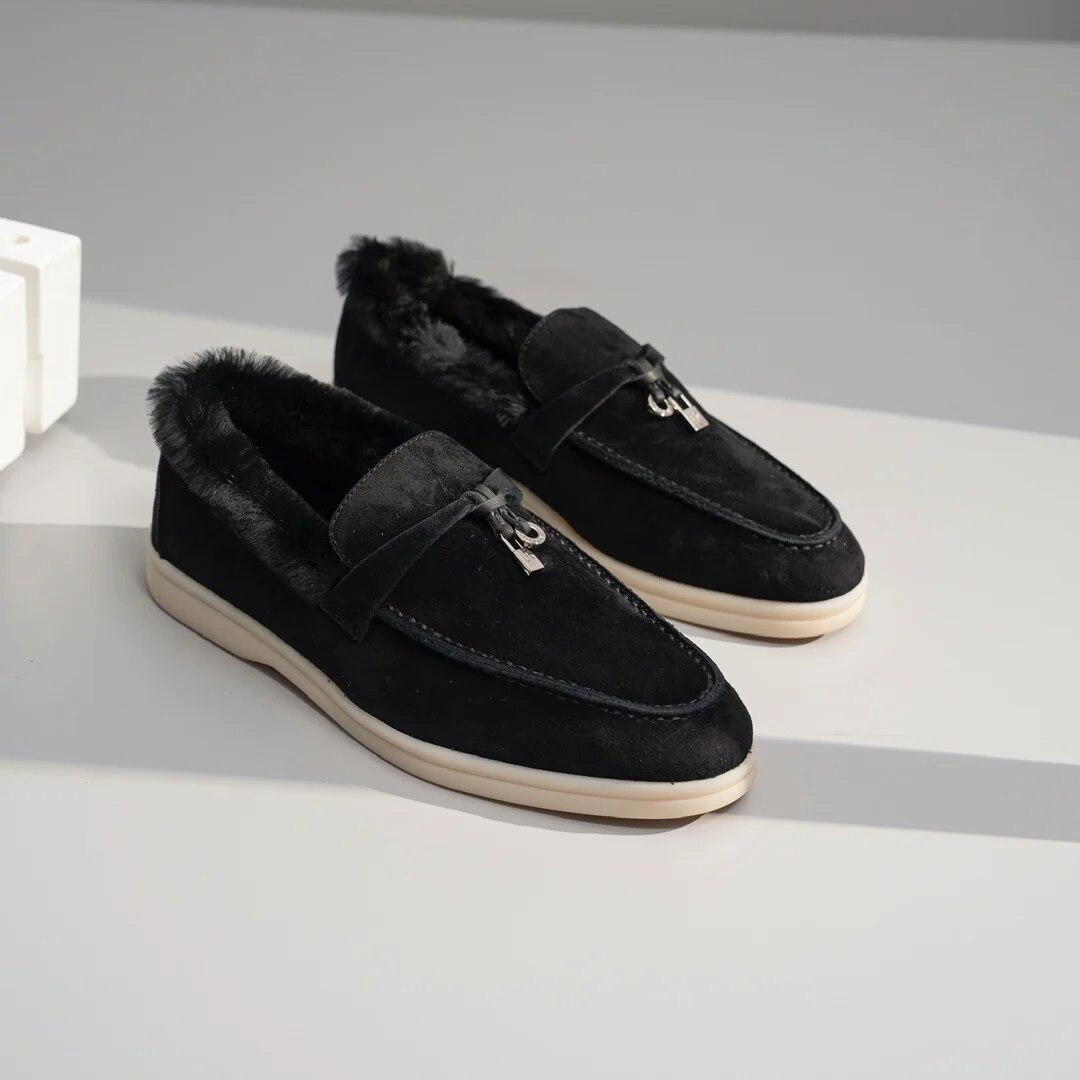 

Замшевые лоферы с кроличьим ворсом, зимняя кожаная женская обувь для офиса, суперкомфортные женские туфли на плоской подошве LP 35